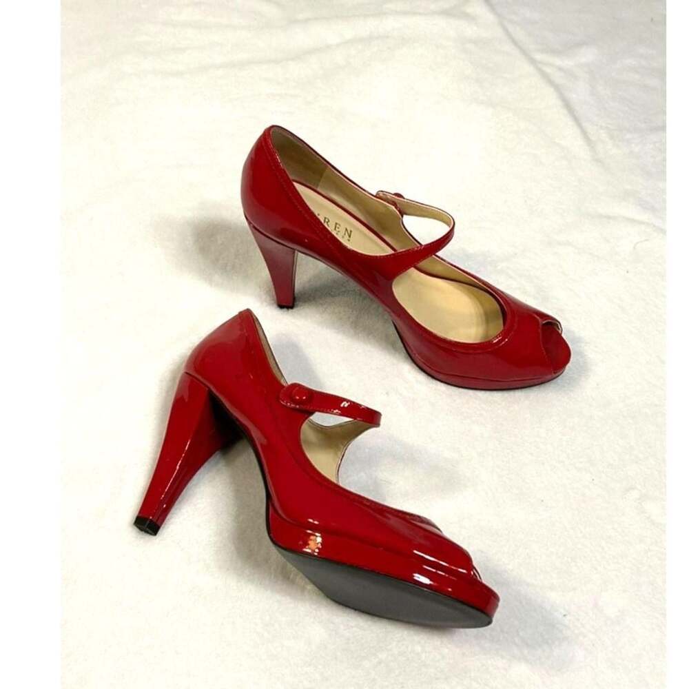 Lauren Ralph Lauren Red Patent Leather Mary Jane Peep Toe Heels